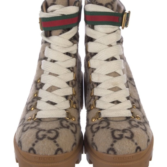 Gucci GG Wool lace up snake sole Women's Beige and Brown Boots 39.5 9 1/2 - Picture 3 of 16